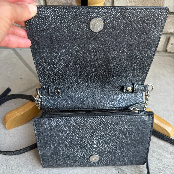 KARL LAGERFELD PARIS STRUCTURED FLAP OVER CROSSBODY CLUTCH BLACK GREY VEGAN - Picture 9 of 14